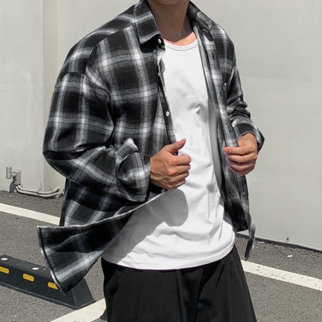 남자 리토 오버핏 봄 가을 면 타탄 체크 셔츠 남방 - 상세 이미지 5