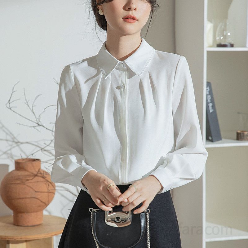 가을 여성 루즈핏 긴팔 셔츠 프랑스 디자인 출퇴근용 화이트 블라우스 스타일리시한 모던한 편안한 착용감 클래식한 분위기 - 상세 이미지 3