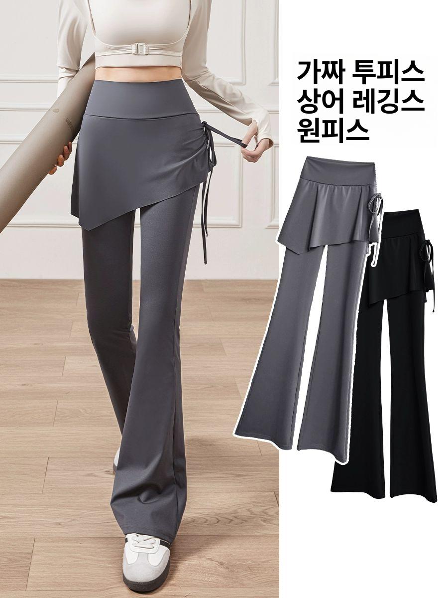 요가 필라테스 원피스레깅스 슬림 플레어 스커트 팬츠 와이드 가짜 이중 스커트 팬츠 블랙 M 적합 40.0-50.0kg - 상세 이미지 5