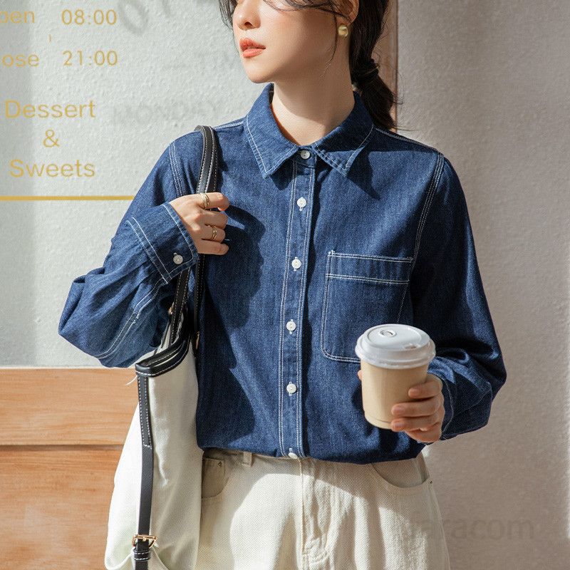 여성용 루즈핏 데님 셔츠 봄 가을 레이어드 스타일 구김없는 편안한 착용감의 홍콩 레트로 감성 긴팔 블라우스 데일리 패션 아이템 - 상세 이미지 4