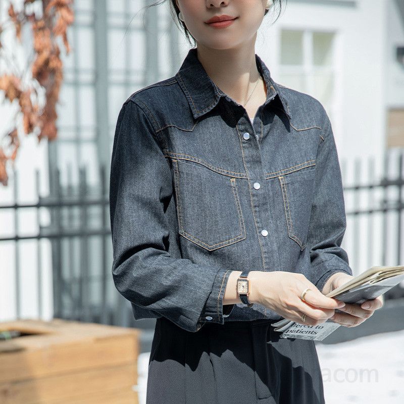 여성용 블랙 데님 셔츠 루즈핏 긴팔 봄 가을 레이어드 캐주얼 스타일 레트로 홍콩 감성 편안한 착용감 모던한 실루엣 데일리 패션 아이템 - 상세 이미지 2