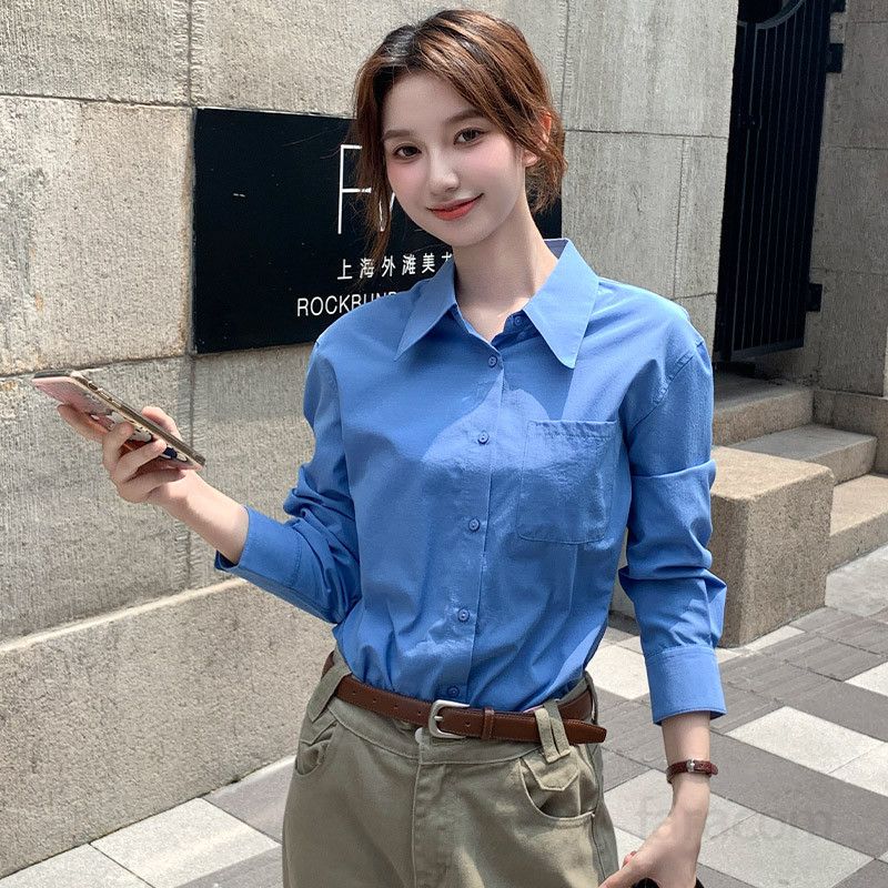 여성 루즈핏 긴팔 셔츠 사계절 착용 캐주얼 오버핏 블루 출퇴근용 프렌치 스타일 구김없는 편안한 남자 옥스포드 셔츠 데일리 셔츠 - 상세 이미지 5