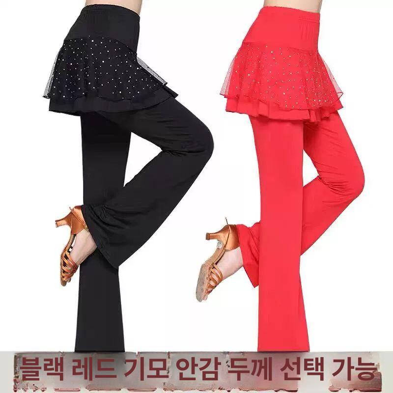 랩치마 바지 레이어드 댄스바지 셔링 롱스커트 라인댄스복 댄스복바지 댄스치마 퍼플 스커트 팬츠 일반 긴 바지 M - 상세 이미지 3