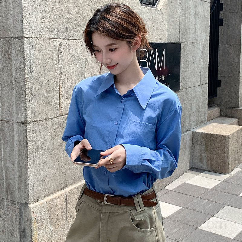 여성 루즈핏 긴팔 셔츠 사계절 착용 캐주얼 오버핏 블루 출퇴근용 프렌치 스타일 구김없는 편안한 남자 옥스포드 셔츠 데일리 셔츠 - 상세 이미지 4