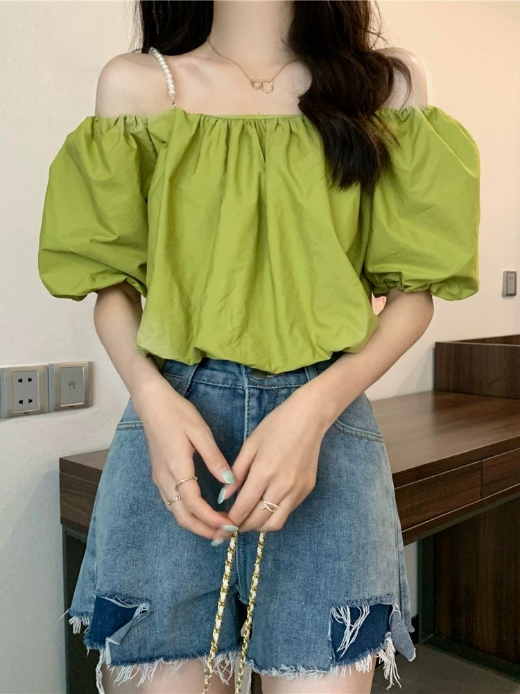 오프숄더티 반팔 언발 셔링 여성스러운 오프숄더 옷자락 반팔티 여성티셔츠 화이트 S - 상세 이미지 4