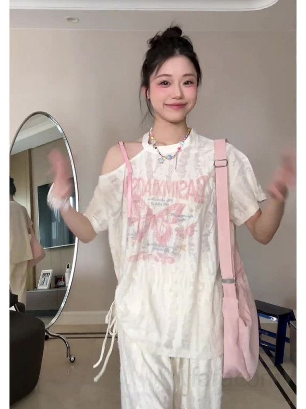 여성 오프숄더 라운드넥 반팔티셔츠 여름 불규칙 디자인 스타일 시원한 착용감 캐주얼 데일리룩 편안한 외출용 쿨탑 - 상세 이미지 2