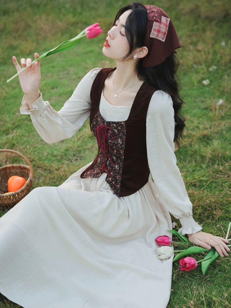 레트로옷 목장소녀 알프스소녀 개화기 살구 졸사 공주풍 롱원피스 여성원피스 베이지 원피스 S - 상세 이미지 4