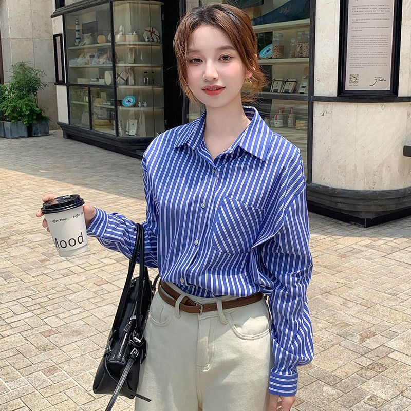 스트라이프여성셔츠 파란색 줄무늬 긴팔 셔츠 여성용 봄 가을용 데일리 이너 겸용 카디건 재킷 스타일 구김없는 편안한 착용감 - 상세 이미지 2