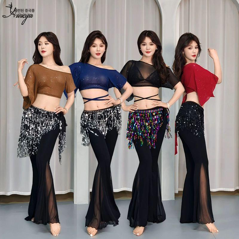 섹시 벨리댄스 줌바 탱고 상의 방송댄스복 밸리 테마 반짝이 방송 사교 라인댄스복 연습복 카키 끈 상의 투명 내의 불포함 M - 상세 이미지 3