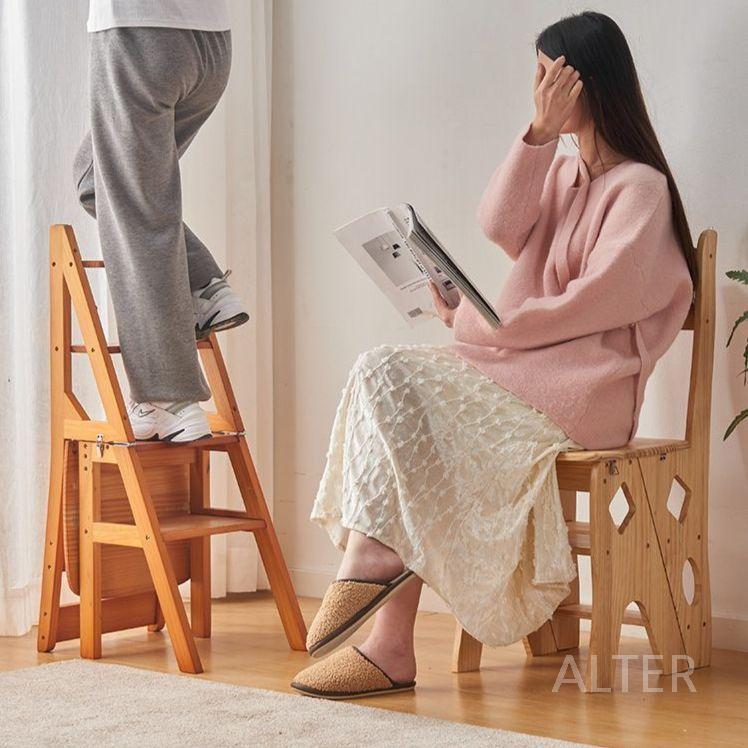 접이식 사다리 의자 원목 계단 스텝 스툴 다용도 체어 3단 수납장-커피색 - 상세 이미지 4