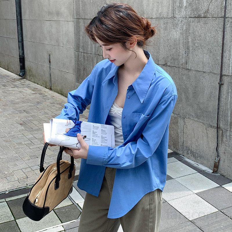 여성 루즈핏 긴팔 셔츠 사계절 착용 캐주얼 오버핏 블루 출퇴근용 프렌치 스타일 구김없는 편안한 남자 옥스포드 셔츠 데일리 셔츠 - 상세 이미지 2