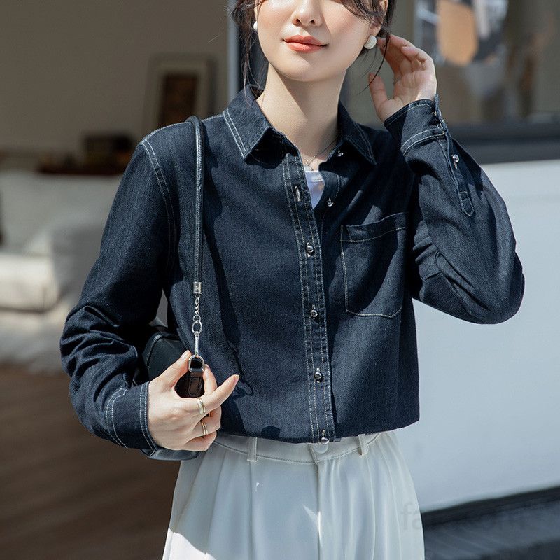 여성용 블랙 데님 셔츠 루즈핏 긴팔 레이어드 스타일 봄 가을 캐주얼 오버핏 탑 홍콩 레트로 감성 데일리 패션 셔츠 - 상세 이미지 4