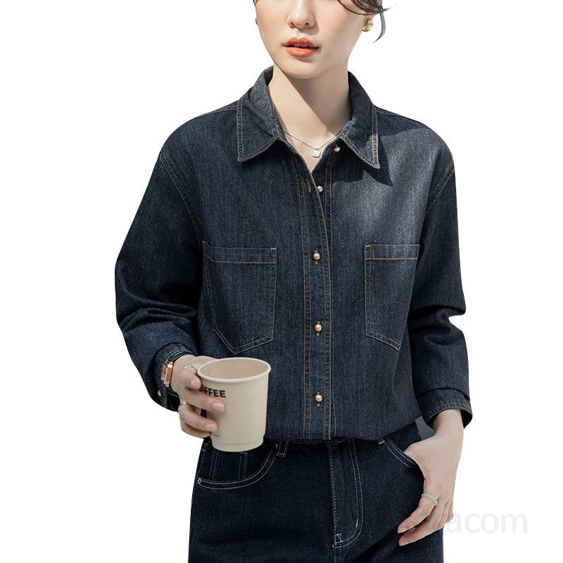 여성 블랙 데님 셔츠 봄 가을 레이어드 레트로 스타일 루즈핏 긴팔 캐주얼 셔츠 데일리룩 편안한 착용감 홍콩 감성 모던한 디자인 - 상세 이미지 5