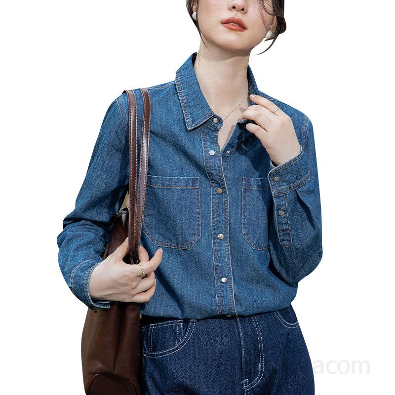 여성 데님셔츠 봄 가을 레이어드용 루즈핏 홍콩 스타일 긴팔 캐주얼 셔츠 편안한 착용감 니치 레트로 감성 셔츠 스타일링용 - 상세 이미지 5