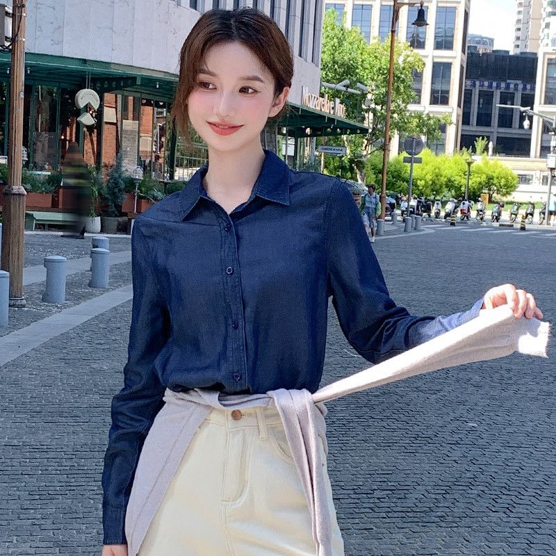 여성 텐셀 데님 셔츠 봄 가을 레이어드 긴팔 상의 캐주얼 레트로 스타일 얇은 착용감 편안한 데일리 패션 - 상세 이미지 3