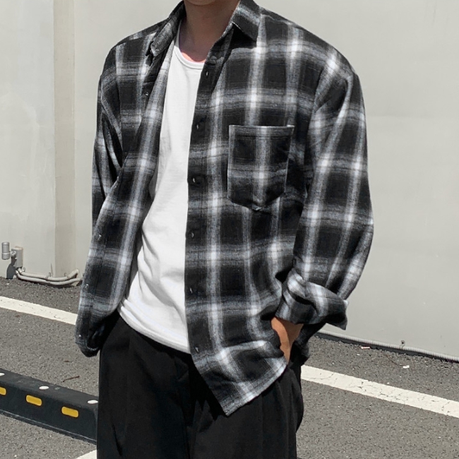 남자 리토 오버핏 봄 가을 면 타탄 체크 셔츠 남방