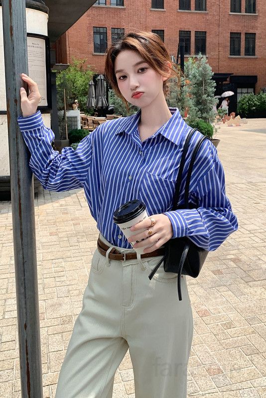 스트라이프여성셔츠 파란색 줄무늬 긴팔 셔츠 여성용 봄 가을용 데일리 이너 겸용 카디건 재킷 스타일 구김없는 편안한 착용감 - 상세 이미지 5