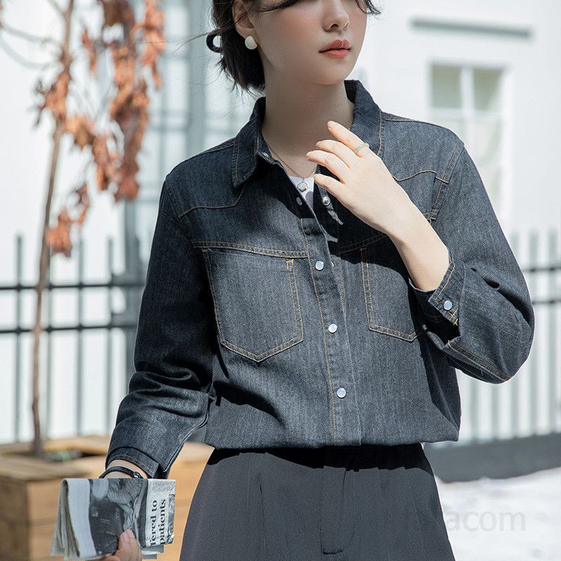 여성용 블랙 데님 셔츠 루즈핏 긴팔 봄 가을 레이어드 캐주얼 스타일 레트로 홍콩 감성 편안한 착용감 모던한 실루엣 데일리 패션 아이템 - 상세 이미지 3