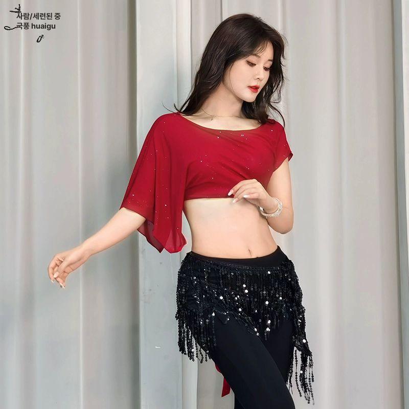 섹시 벨리댄스 줌바 탱고 상의 방송댄스복 밸리 테마 반짝이 방송 사교 라인댄스복 연습복 카키 끈 상의 투명 내의 불포함 M - 상세 이미지 4