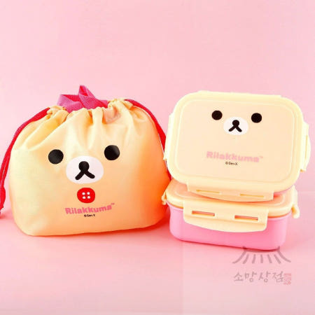 리락쿠마 뉴 사각밀폐 2단 도시락-핑크 도시락통가방세트
