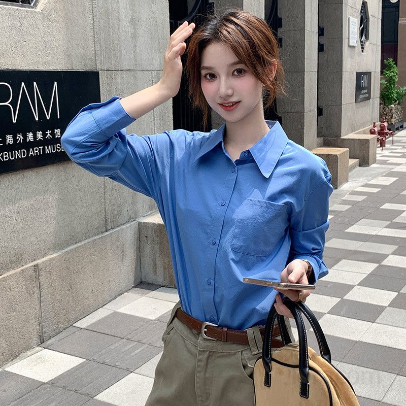 여성 루즈핏 긴팔 셔츠 사계절 착용 캐주얼 오버핏 블루 출퇴근용 프렌치 스타일 구김없는 편안한 남자 옥스포드 셔츠 데일리 셔츠 - 메인 이미지