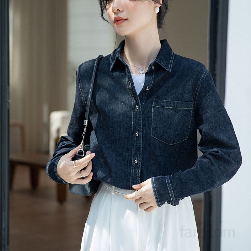 여성용 블랙 데님 셔츠 루즈핏 긴팔 레이어드 스타일 봄 가을 캐주얼 오버핏 탑 홍콩 레트로 감성 데일리 패션 셔츠 - 상세 이미지 2