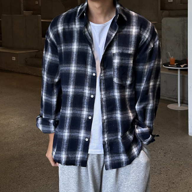 남자 리토 오버핏 봄 가을 면 타탄 체크 셔츠 남방 - 상세 이미지 4