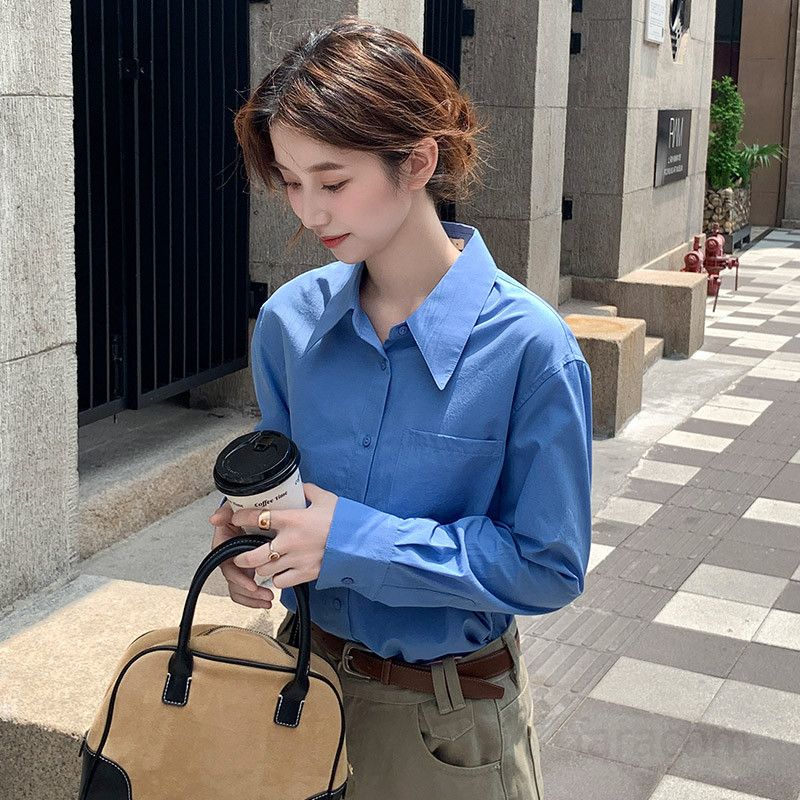 여성 루즈핏 긴팔 셔츠 사계절 착용 캐주얼 오버핏 블루 출퇴근용 프렌치 스타일 구김없는 편안한 남자 옥스포드 셔츠 데일리 셔츠 - 상세 이미지 3