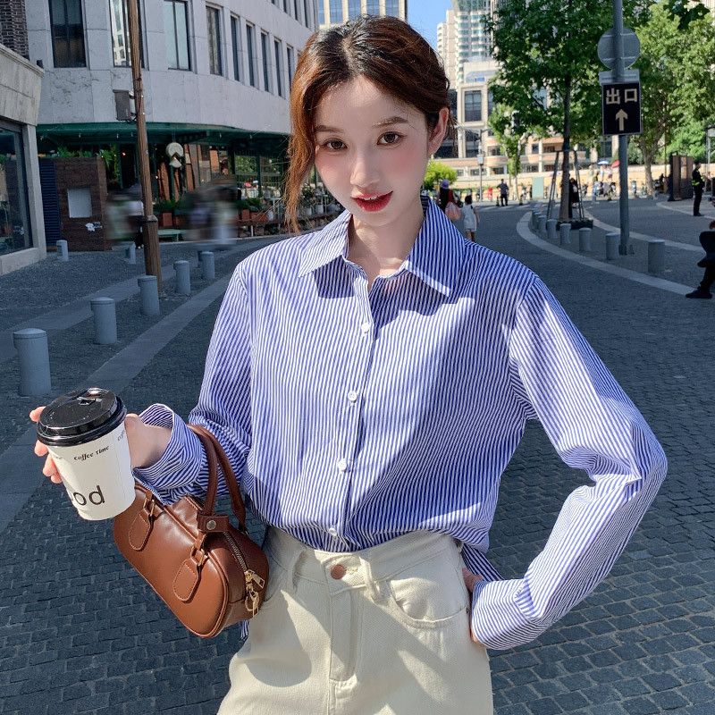 여성용 블루 스트라이프 셔츠 프렌치 스타일 여름 캐주얼 반팔블라우스 시원한 착용감 데일리룩 스타일리시한 여성의류 - 상세 이미지 5