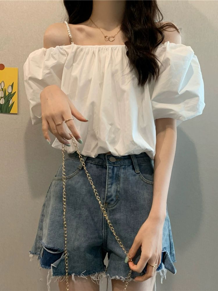 오프숄더티 반팔 언발 셔링 여성스러운 오프숄더 옷자락 반팔티 여성티셔츠 화이트 S - 상품 이미지