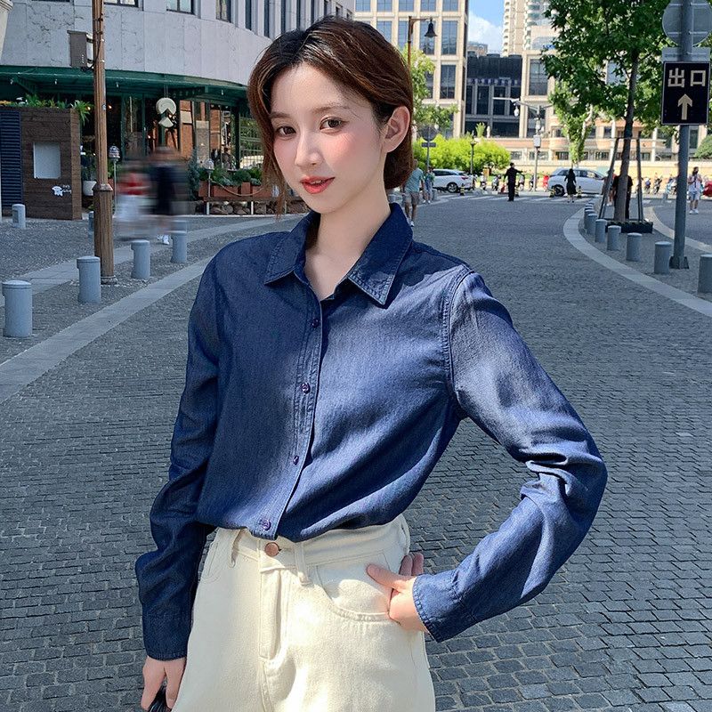 여성 텐셀 데님 셔츠 봄 가을 레이어드 긴팔 상의 캐주얼 레트로 스타일 얇은 착용감 편안한 데일리 패션 - 상세 이미지 2