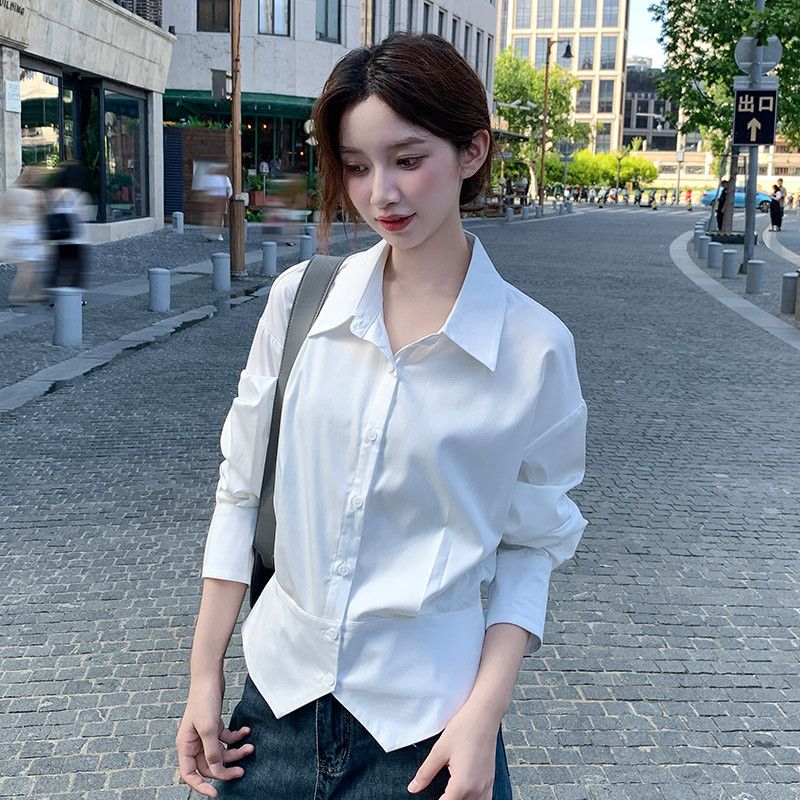 화이트 슬릿 여성셔츠 링클프리 출퇴근용 데일리 긴팔 오피스룩 스타일리시한 테일러링 셔츠 - 상세 이미지 5