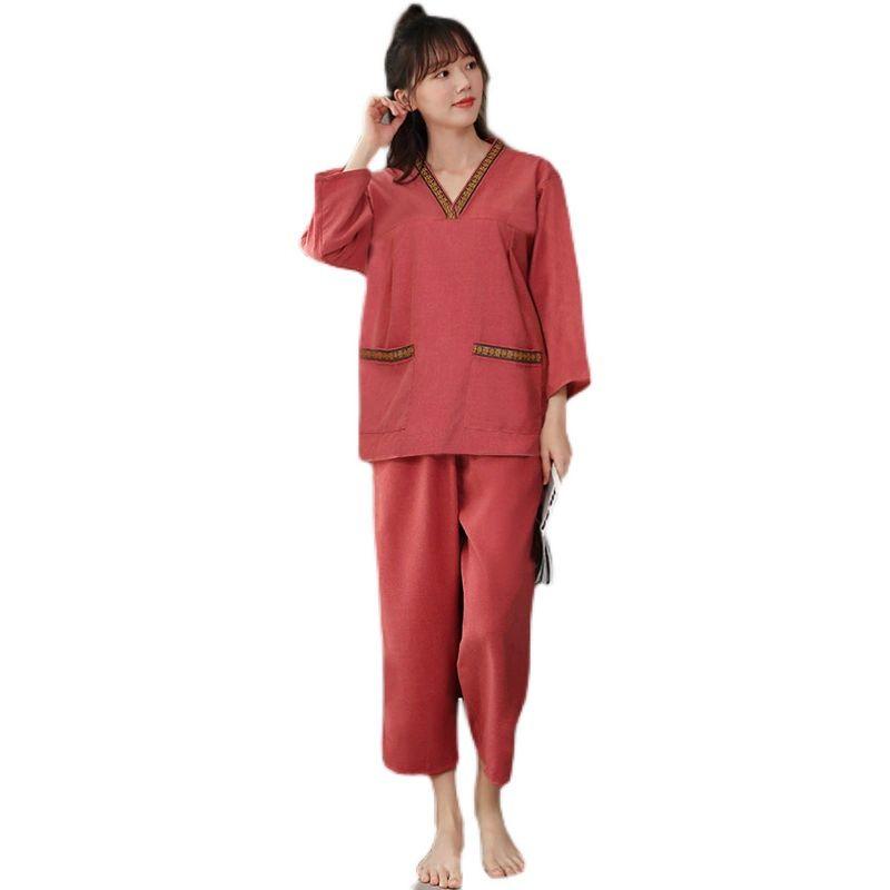 황토사우나 커플 유니폼 단체복 목욕 황토 숯가마옷 여성용 자수 칼라 레드 더블 브라 XL - 상품 이미지