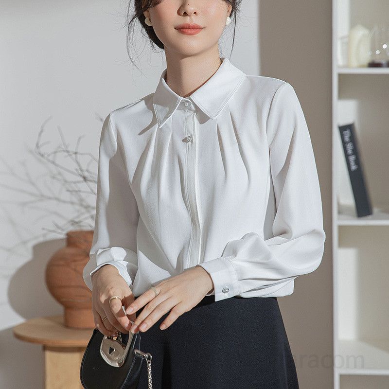 가을 여성 루즈핏 긴팔 셔츠 프랑스 디자인 출퇴근용 화이트 블라우스 스타일리시한 모던한 편안한 착용감 클래식한 분위기 - 상세 이미지 4