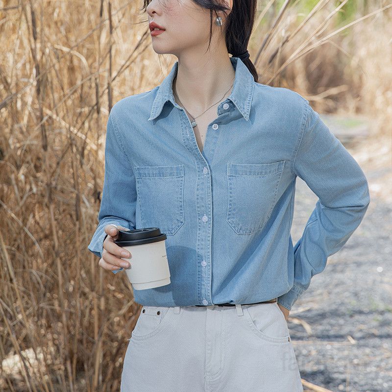 여성 데님 루즈핏 셔츠 봄 가을 레이어드 스타일 구김없는 긴팔 롱슬리브 캐주얼 남방 편안한 착용감 홍콩 레트로 패션 매력적인 디자인 - 상품 이미지