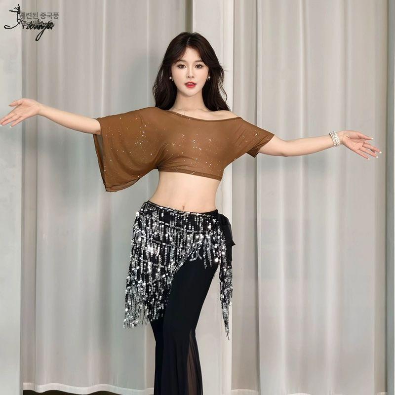 섹시 벨리댄스 줌바 탱고 상의 방송댄스복 밸리 테마 반짝이 방송 사교 라인댄스복 연습복 카키 끈 상의 투명 내의 불포함 M - 상세 이미지 5