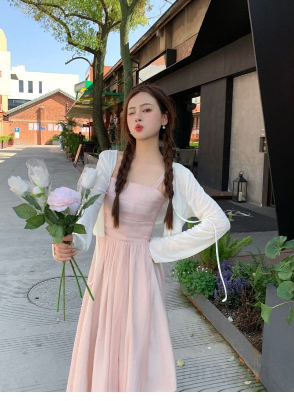 여성 핑크 슬림 롱원피스 서스펜더 디자인 봄 여름 데이트룩 휴양지 스타일 시원한 착용감 데일리룩 - 상세 이미지 4