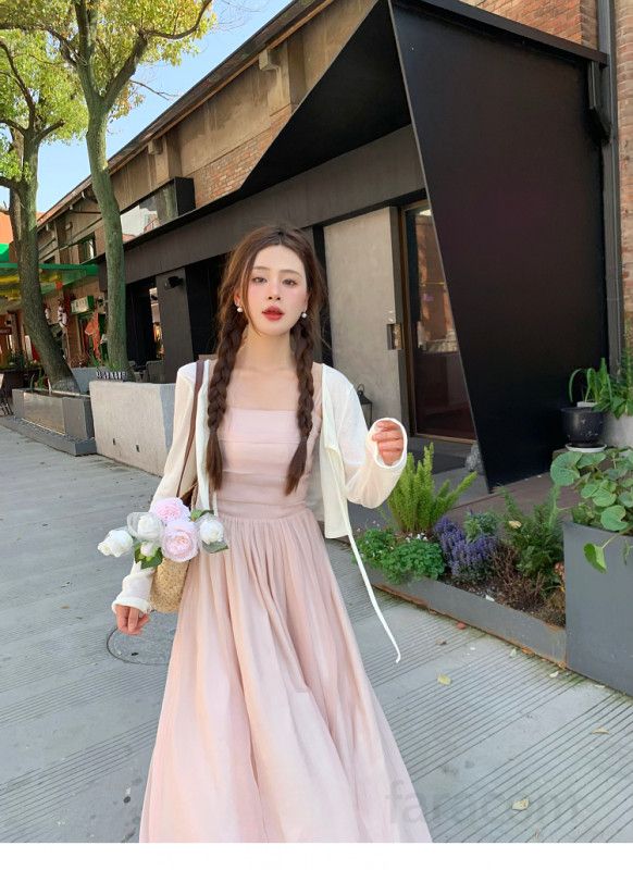 여성 핑크 슬림 롱원피스 서스펜더 디자인 봄 여름 데이트룩 휴양지 스타일 시원한 착용감 데일리룩 - 상세 이미지 2