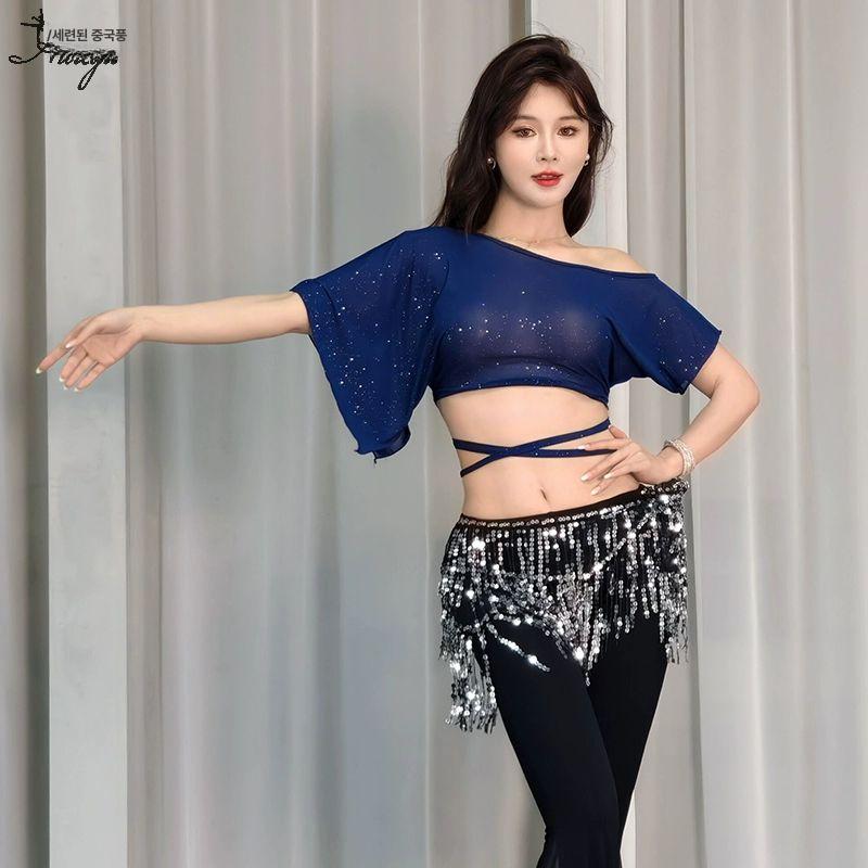 섹시 벨리댄스 줌바 탱고 상의 방송댄스복 밸리 테마 반짝이 방송 사교 라인댄스복 연습복 카키 끈 상의 투명 내의 불포함 M - 상세 이미지 2