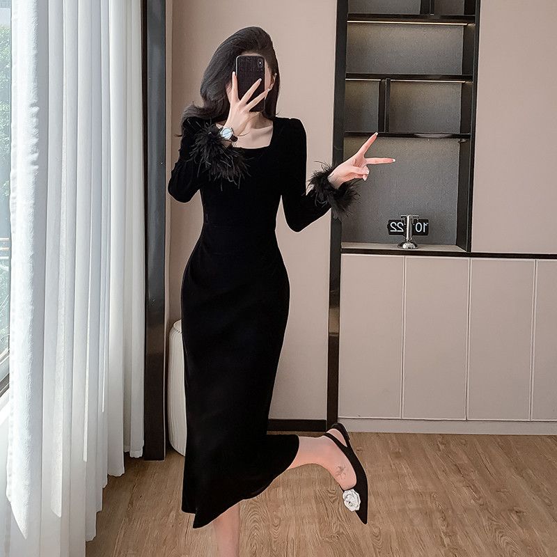긴팔 슬림 벨벳 롱드레스 여성용 파티드레스 고급스러운 프렌치 스퀘어 칼라 우아한 디자인 결혼식 촬영 연주복 적합 데일리룩 - 상세 이미지 3