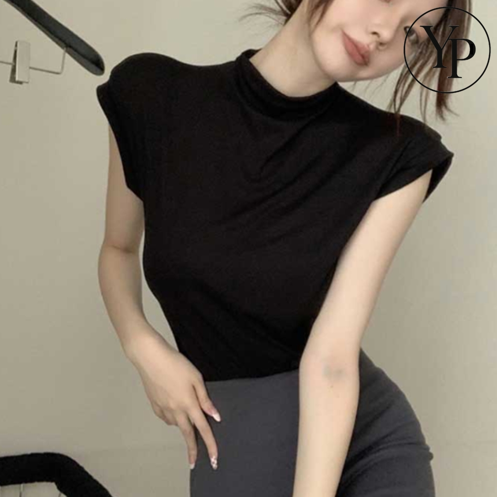 여름 터틀넥 반팔 티셔츠 루즈핏 팔뚝 커버 슬림핏 데일리 스판 모크넥 코디 패션 - 메인 이미지