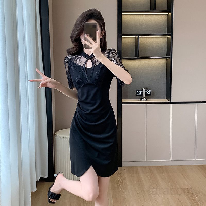 섹시 레이스 플리츠 슬림 미니드레스 여름 파티드레스 스퀘어넥 스타일 여성스러운 디자인 특별한 날을 위한 적합한 선택 - 상품 이미지