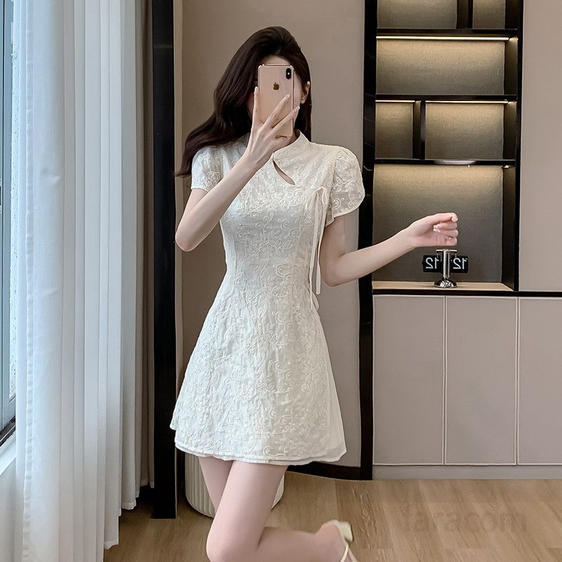 살구색 자수 드레스 여성 여름 A라인 미니원피스 부드러운 착용감 파티나들이용 상큼한 스타일 트렌디한 디자인 - 상세 이미지 4