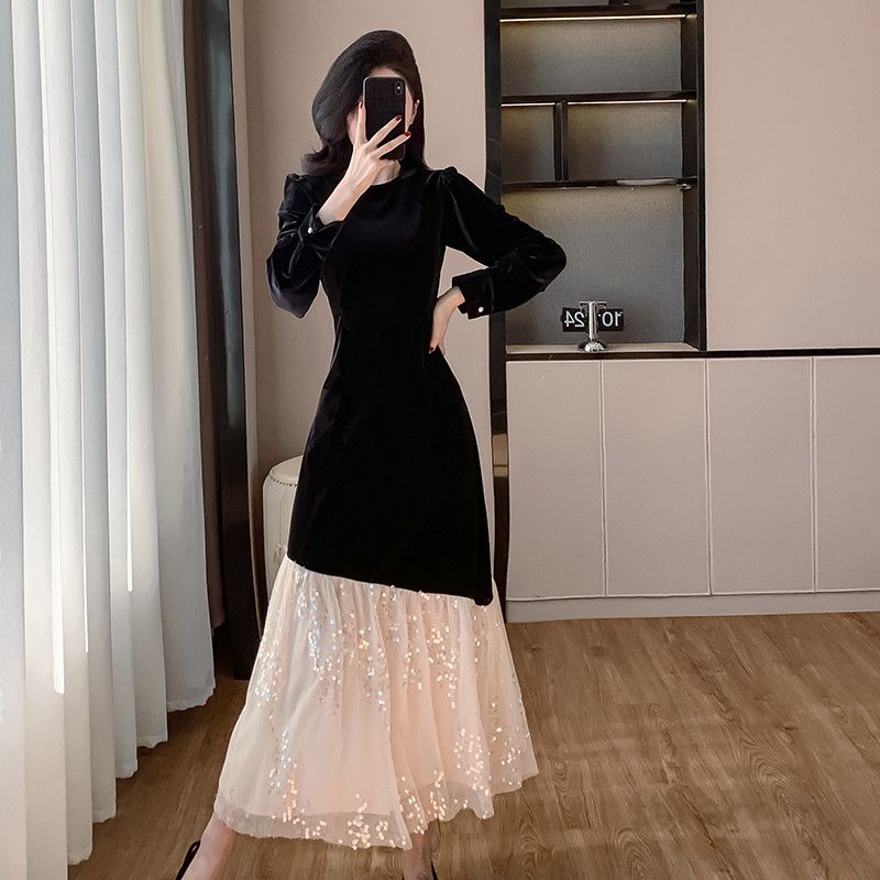 긴팔 슬림 벨벳 롱드레스 파티 웨딩 촬영용 고급스러운 여성 원피스 스팽글 디테일 실물 느낌 연주회 피로연 착용 적합 - 상세 이미지 4