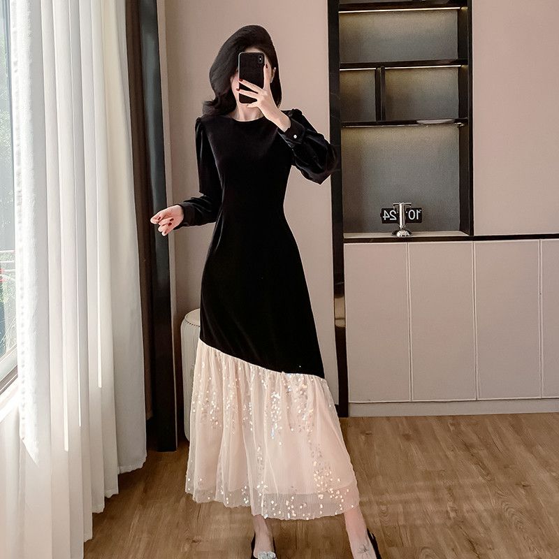 긴팔 슬림 벨벳 롱드레스 파티 웨딩 촬영용 고급스러운 여성 원피스 스팽글 디테일 실물 느낌 연주회 피로연 착용 적합 - 상세 이미지 3