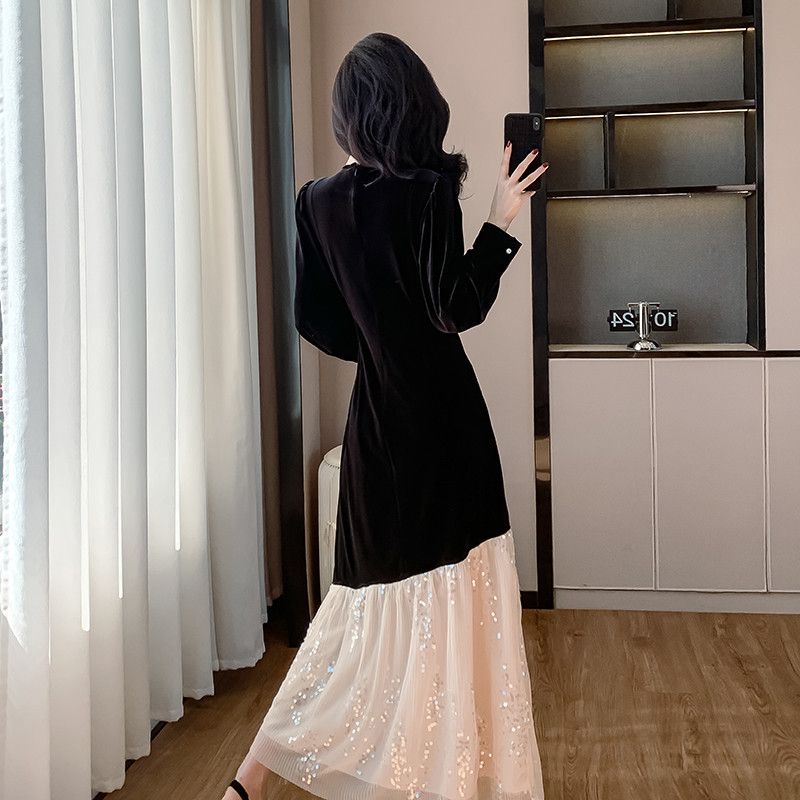 긴팔 슬림 벨벳 롱드레스 파티 웨딩 촬영용 고급스러운 여성 원피스 스팽글 디테일 실물 느낌 연주회 피로연 착용 적합 - 상세 이미지 5