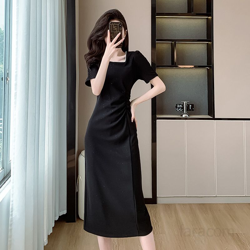 여성용 여름 드레스 스퀘어 칼라 심플 플리츠 디자인 미디엄 롱 스타일 펄 기질 허리 슬리밍 효과 빅사이즈 가능성 있는 촬영용 샤이니 원피스 - 상세 이미지 4