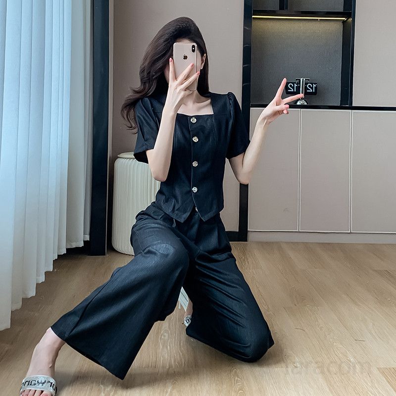 여성 텐셀 데님 와이드팬츠 투피스 세트 여름 캐주얼 청바지 스타일 메탈 버클 포인트 시원한 착용감 슬림핏 코디용 트렌디한 청청 코디 봄가을 활용 가능 - 상세 이미지 4