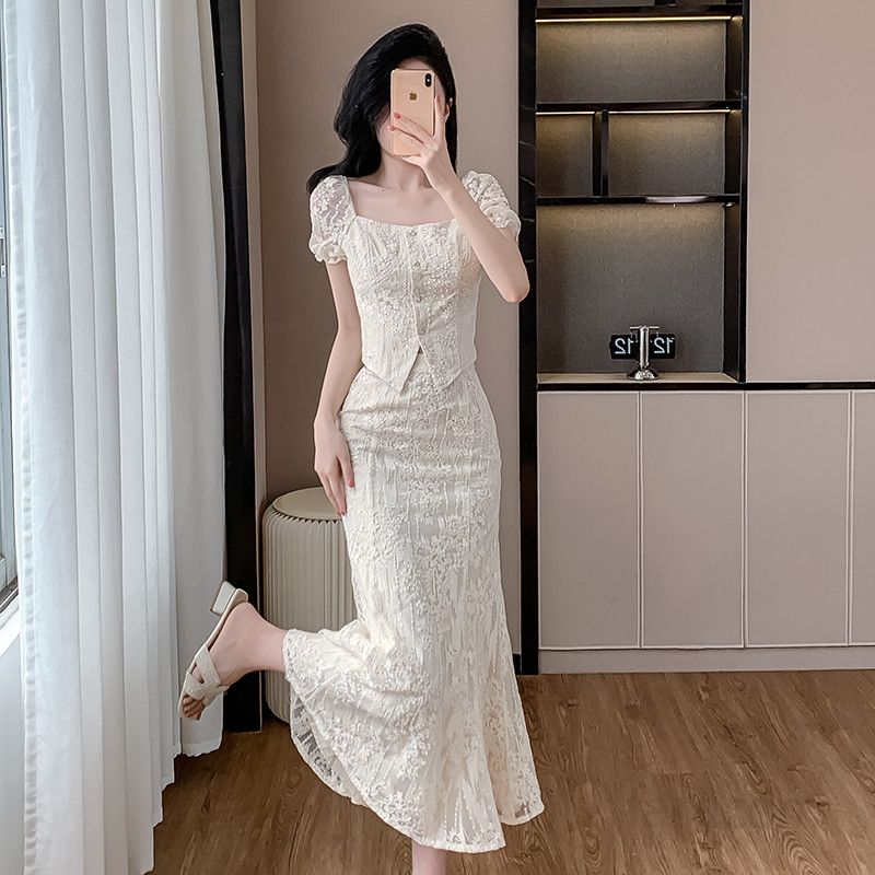 여성 여름 자수 스퀘어넥 롱피쉬테일 투피스 세트 드레스 살구색 고급스러운 스타일 데일리룩 파티룩 활용 가능 - 상세 이미지 3