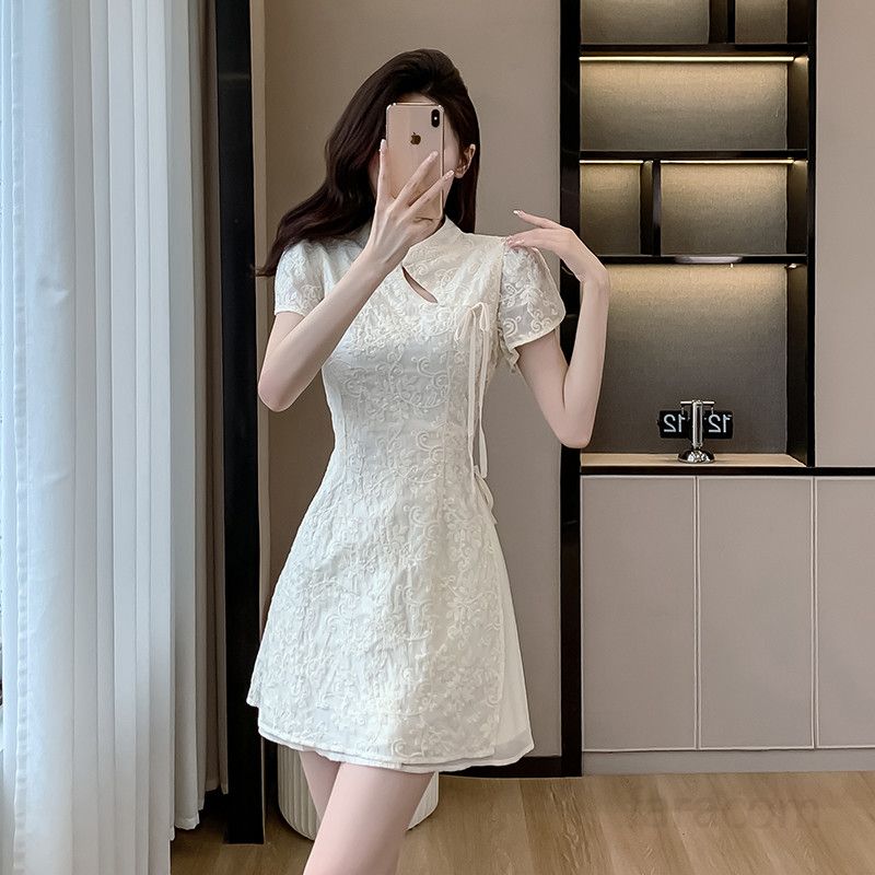 살구색 자수 드레스 여성 여름 A라인 미니원피스 부드러운 착용감 파티나들이용 상큼한 스타일 트렌디한 디자인 - 상세 이미지 3